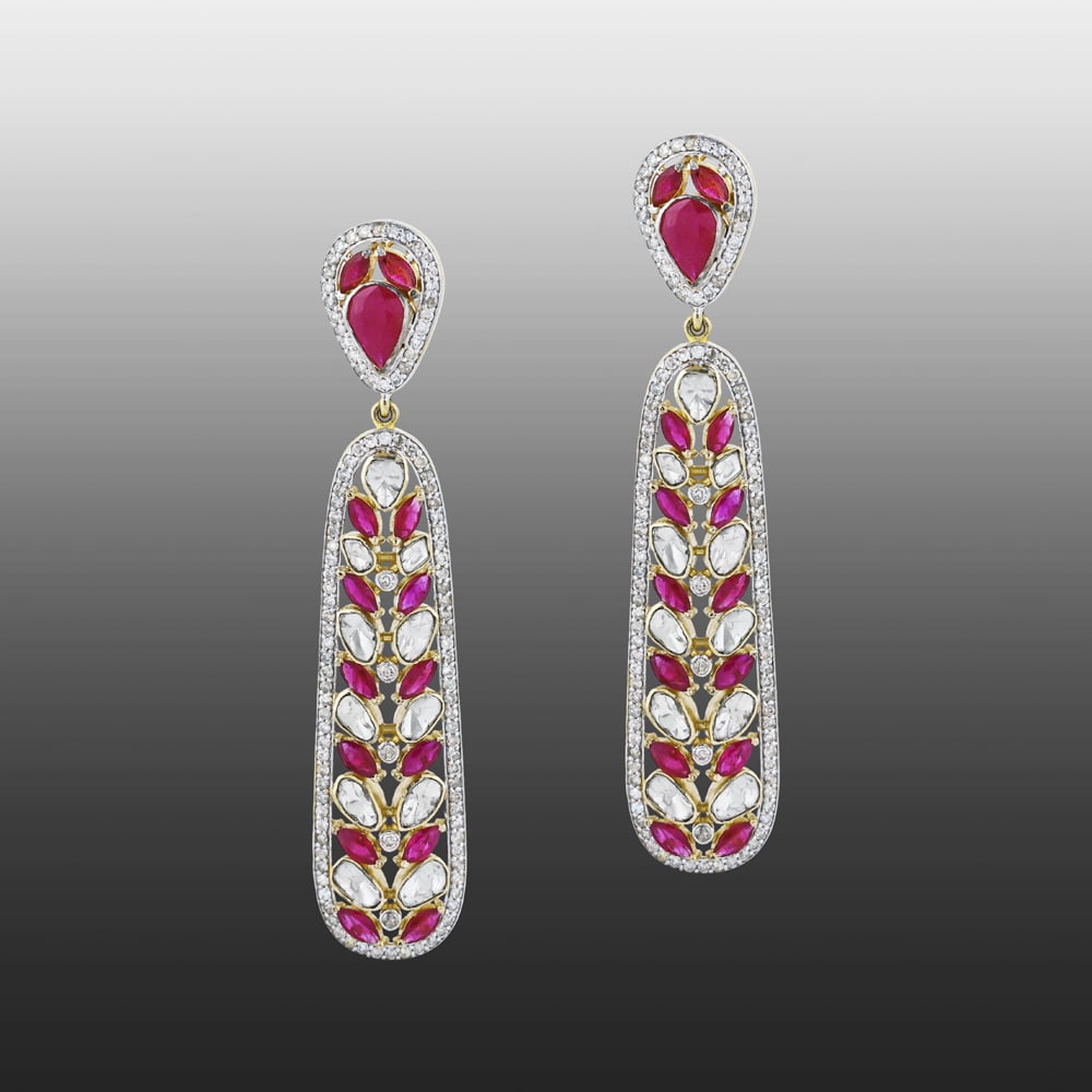 Leaf Pattern Polki Earrings with Red Cut Stone and Diamond Border